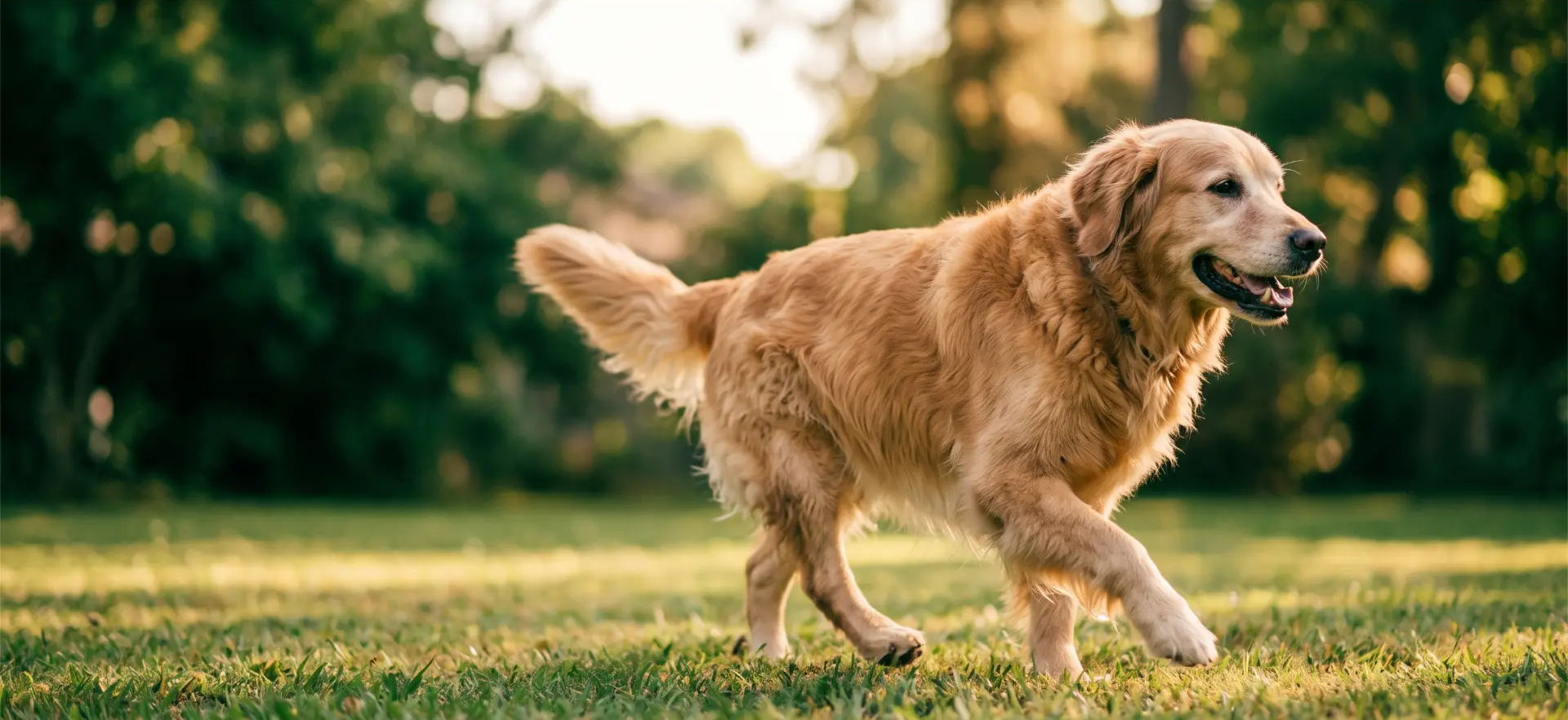 Golden retriever walking across a sunlit grassy field