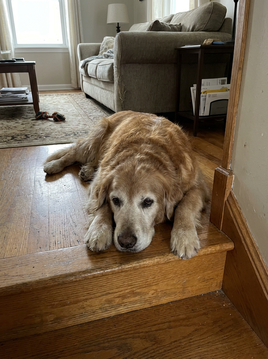 Riley before DogWell — tired, lying on the floor