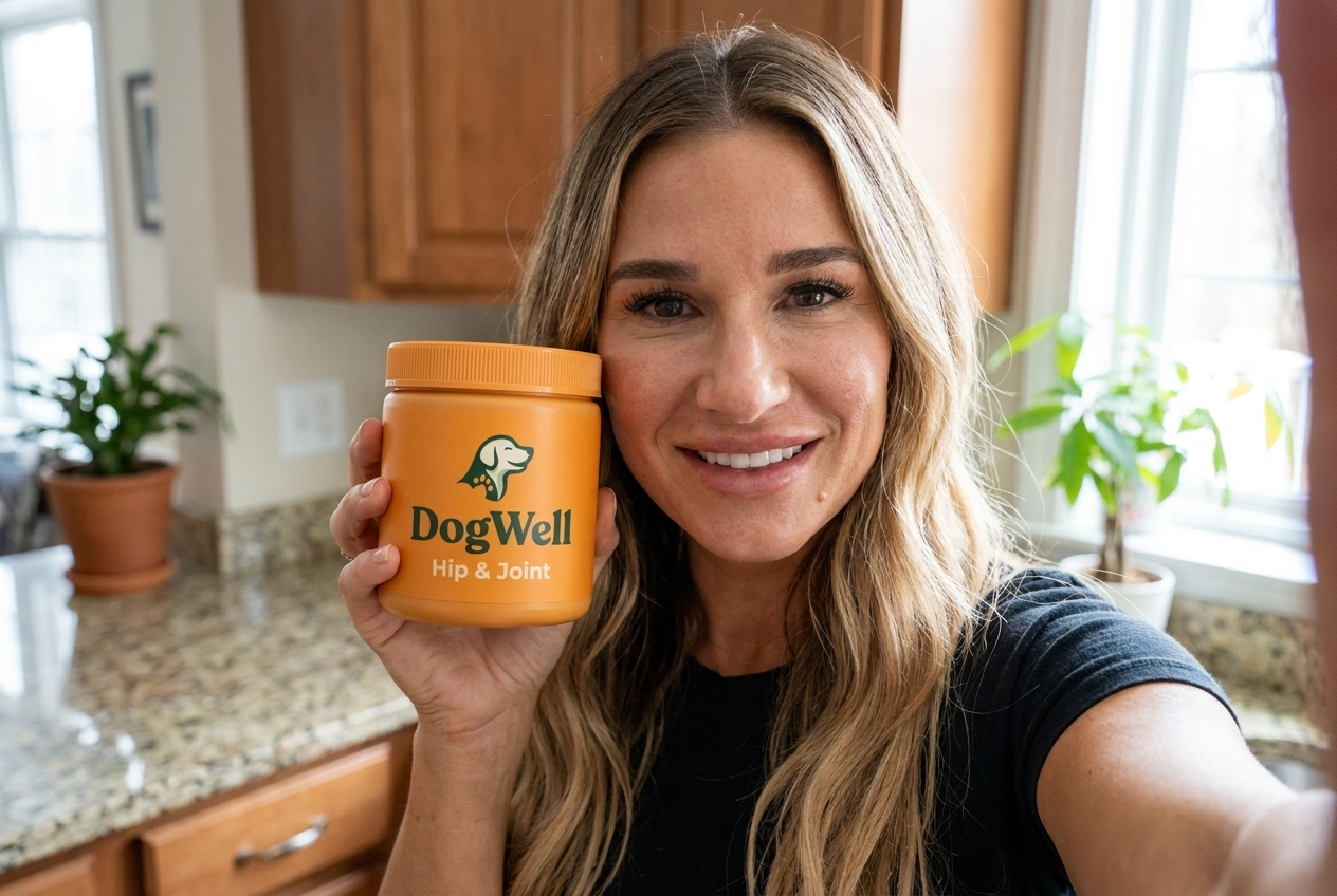 Happy customer holding DogWell Hip & Joint jar